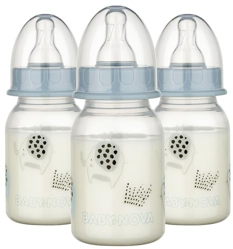 babynova 120 ml Standard Babyflasche im 3er Set mit Anti-Kolik Sauger aus Silikon für Neugeborene – Babyflaschen ab 0 Monate – BPA-frei - Elefanten