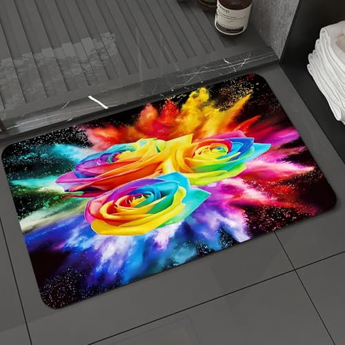 KDWJS Tapis Salle de Bain Absorbant Tapis de Bain,Lavable en Machine,Tapis de Douche antidérapant,Tapis de Chambre,Fantastiques Roses Arc-en-Ciel Lumineuses avec des Gouttes de Peinture lum,40x60 cm