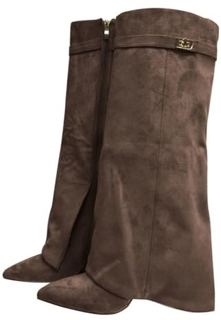 ticticlily Stivali Donna Invernali Cowboy Stivaletti Alti Tacchi Biker Fold Over Boots con Tacco A Marrone 38 EU