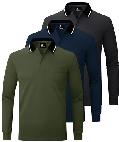 JACKETOWN 3 Pack Mens Polo Shirts Long Sleeve Breathable Work Polo Shirts Adult Casual Multipack Golf T Shirt with Pocket