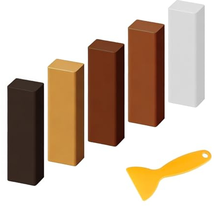 5Pcs Wax Filler Wood Repair Sticks with Scraper, Brown Furniture Repair Kit | White, Walnut, Cherry, Silver Fir and Black Wood Filler Sticks for Furniture, Wooden Floor Scratches Stains Holes