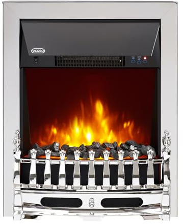 ECOSO Chrome Inset Electric Fire with Built In Fan Heater 592 x 482mm | Steel Construction. LED Flame Effect. Traditional Style. Wall Mounted Installation. Intuitive Remote Control. UK Pug Fitted.