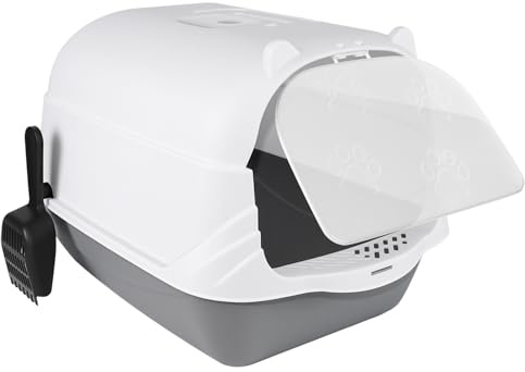 Large Cat Litter Tray Toilet Box with Charcoal Filter, High Sided Rim Big Extra Spacious, Cat Litter Scoop, Flap Door, Detachable Rim Rounded Corners Fully Enclosed Portable Cats Toilet, 51x37x36cm