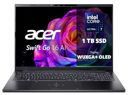 Acer Swift Go 16 AI Laptop 16 WUXGA + OLED Intel Core Ultra 7-256V | 16 GB RAM, 1024 GB SSD, Copilot+ PC, Windows 11, QWERTY, PC Portatile IA, Senza alimentatore