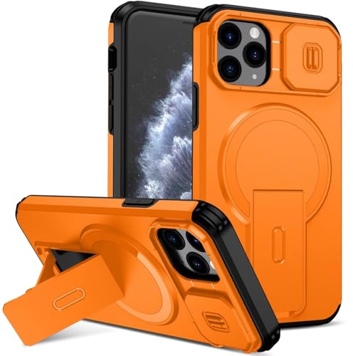 xinyunew Magnétique Coque Compatible avec iPhone 13 Pro Max avec Couvercle de Caméra et Support Métallique Résistante aux Chocs Housse de Protection Silicone Étui pour iPhone 13 Pro Max -Orange