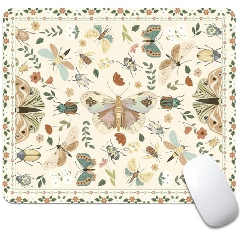 artslion Cute Aesthetic Mouse Pad 24x20cm Vintage Butterfly Garden Pattern, Non-Slip Rubber Base & Smooth Surface, Small Desk Mat for Laptop Office Gift for Women & Girls