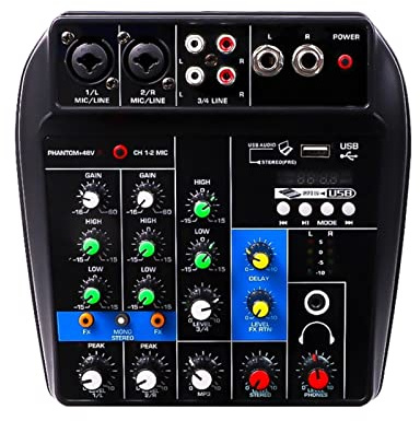 DJ Mixer, Sound Mixing Console 4 Channels 48V Built-In Delay Effect Bluetooth-Compatible Computer Recording Equipment