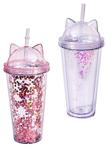 Tumbler Cup with Straw|Water Bottle with Straw Glitter Water Cup Double Layer Drinking with Cat Ear for Girl 2PCS 400-500ml Transparent