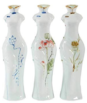 lachineuse - 3 Vases Chinois Qipao - Motifs Floraux - Déco d'Asie Fleur de Lotus - Porcelaine - 27 x 7,5 cm - Multicolore - Objets Ambiance de Chine - Splendeurs Chinoises - Idée Cadeau Asie