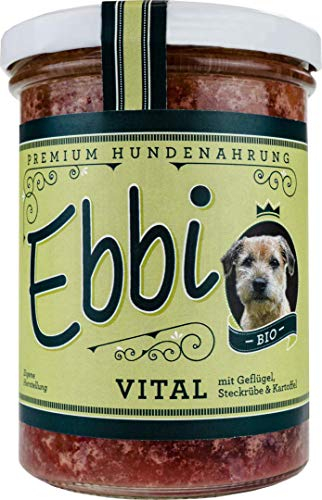 Bio Hundefutter Vital/Ebbi mit Geflügelfleisch, Hähnchenherzen, Steckrüben und Kartoffeln Inhalt: 400g Hundenahrung im wiederverschließbarem Glas (4 x 400g)