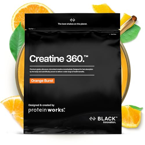 Protein Works | Creatine 360 - Black, Orange Burst, 62 Servings, 250g | Creatine Monohydrate, 100% Purity, 200 Mesh Ultra Fine Micronised Creatine Powder, Instant Mixability, Premium Grade