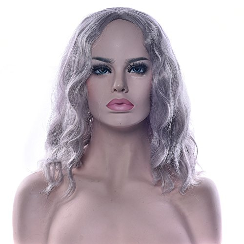 Fouriding Perücke kurz lockige Welle Frauen Bob Haare Perücken für Damen Halloween Cosplay Party Anime Fasching Kostüm (Grau)
