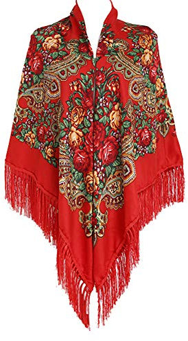 Gudessly Damen-Schal, 157,5 x 157,5 cm, Retro-Schal, Wickeltuch, Quaste, Fransen, Blumen-Poncho, Rot, 63 * 63 inch