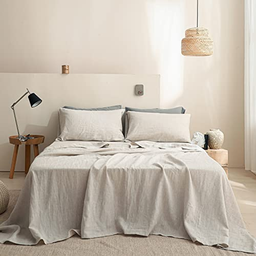 Simple&Opulence Drap Plat Supérieur 100% Lin Lavé, Ultra Doux Respirant, 1 Drap Plat Uniquement (228cm x 255 cm, Lin)