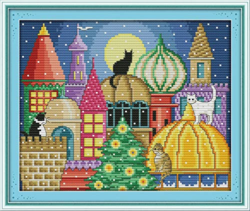 WOWDECOR Kit per ricamo a punto croce, motivo: gatti, albero di Natale, castello, 11 ct, per fai da te, per principianti