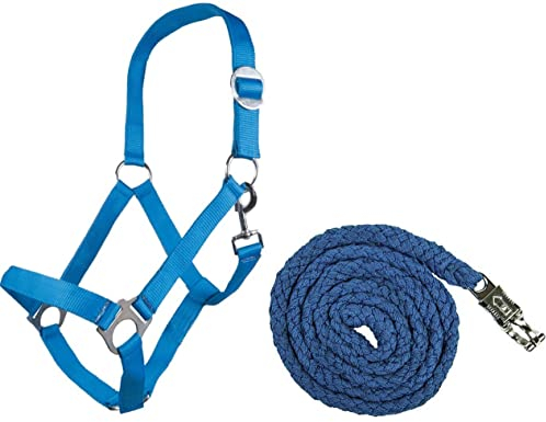 Generisch HKM Halfter-Set StarterHalfter + Führstrick mit Panikhaken verstellbar | versch. Farben (Vollblut, Blau)