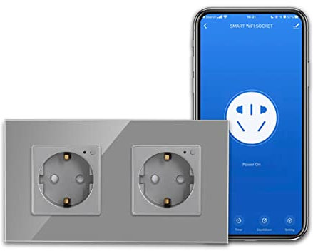 CNBINGO WLAN Schuko Socket Flush, Smanket inteligente de vidrio de 16 Amp compatible con Amazon Alexa (Echo, Echo Dot), Google Home, App Control, solo 2.4 GHz WiFi, 2 bandas de, Gris, 1 paquete