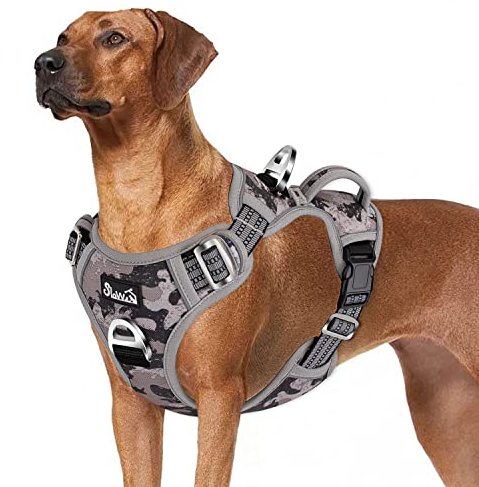 Eyein Hundegeschirr für Große Hunde, Anti Zug Brustgeschirr mit 2 Leinenclips und leicht zu bedienendem Griff, Verstellbare und reflektierende Gepolstert Geschirr für tägliches Training (Tarngrau, XL)