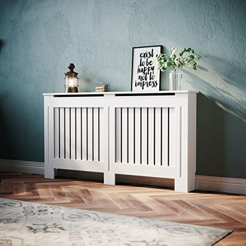 SONNI Heizkörperverkleidung, Holz, Weiß, Vertikal Lamell, Heizungsverkleidung, Heizkörperabdeckung, Klein, 152x19x81.5cm, GRCV15W-2.