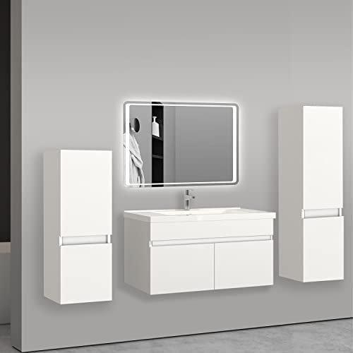 AICA sanitaire Ensemble de Meuble de Salle de Bain Blanc Clair 79.5cm+Vasque+Miroir+Colonne Meuble Salle de Bain-Armoire de Rangement-Meubles-lavabos