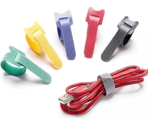 Hikaka T-Type Adhesive Hook and Loop Fastener Tape, 50PCS Reusable Cable Straps Polyester Fastening Tape Wire Organizer for Wires and Cables 5 Colors