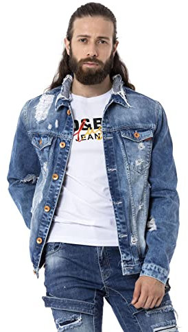 Cipo & Baxx Herren Jeansjacke CJ291 Blau – Stylische Denim Jacke im Used-Look mit Rissen, Knopfverschluss & Modernem Design – Modische Übergangsjacke für Alltag, Freizeit & Party – CJ291 Blau M