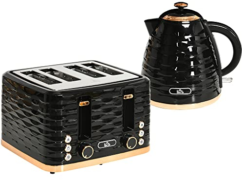 HOMCOM Kettle and Toaster Sets, 3000W 1.7L Rapid Boil Kettle & 4 Slice Toaster with 7 Browning Controls, Defrost, Reheat and Crumb Tray, Otter Thermostat, Black
