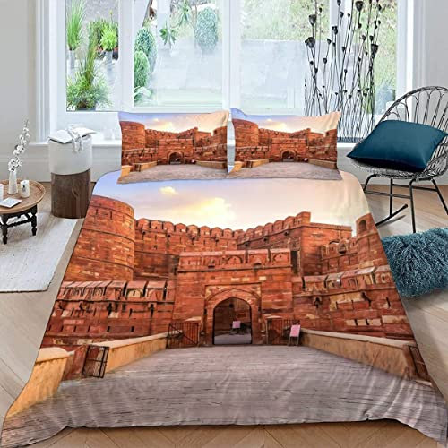 Agra Fort, Indien Bettwäsche-Sets 220x240 3d Druck 3-teilig Bettwäsche Weiche 100% Mikrofaser mit Reißverschluss Historische Gebäude Erwachsene Zimmer Dekor Bettbezüge mit 2 Kissenbezug 80x80 cm