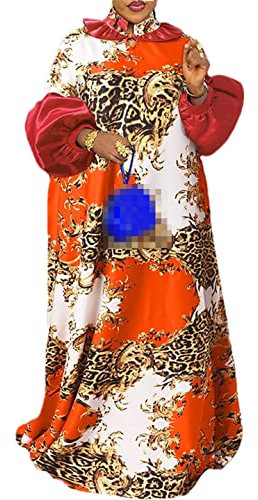 Damen Bohemian Satin Ballon Ärmel Printed Party Robe Kleid, Orange, L