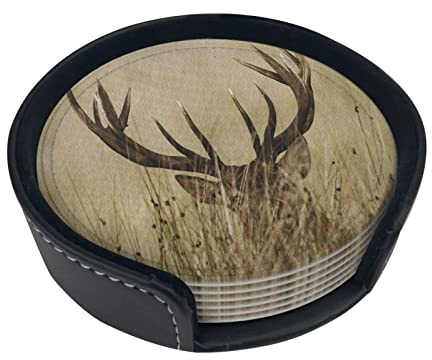 Robuste, runde Untersetzer, 6er-Set mit Halter, 9,9 cm, Nicht tickende Tassen, Tischsets, Weißwedelhirsch, Rehkitz in der Wildnis, Hirsch auf dem Land, ländliches Jagdthema, Sandbraun, für Frauen