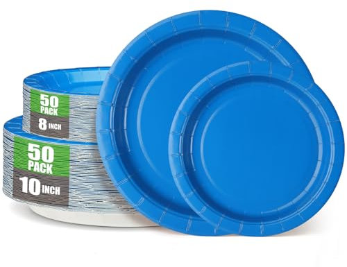 CENLBJ Dark Blue Disposable Paper Plates Heavy Duty-50 x 10 Dinner Plates and 50 x 8 Dessert Plates,for Family Use,Birthday,Anniversaries,Engagements and More