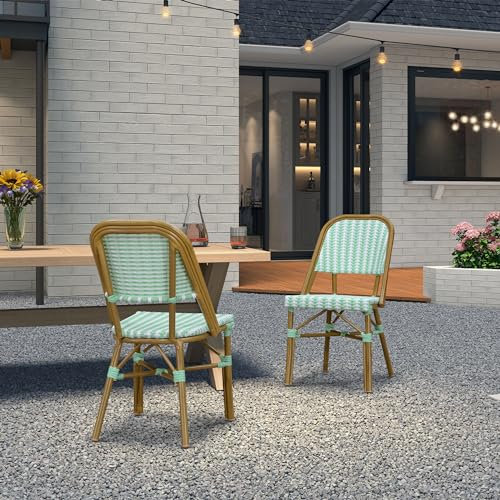 PURPLE LEAF französischer Esszimmerstühle Rattan 2er-Set, Küchenstuhl mit Aluminium Gestell, Barstühle mit Geflochten-Finish, hoher Rückenlehne, Grün