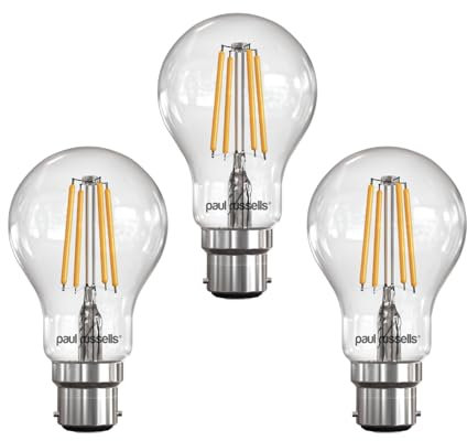 paul russells LED Filament GLS – Dimmable Bayonet Cap Fittings B22 Light Bulbs, 7Watt 806Lumens Classic A60 LED Bulbs, 60w Equivalent, 2700K Warm White Dimmer BC Energy Saving Lamps, 3 Pack