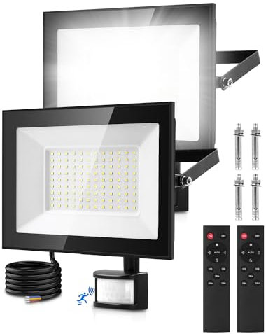 Hondony 2 Packungen 100W Led Strahler Außen Mit Bewegungsmelder 6500K Flutlicht für den Außenbereich IP66 Tageslichtweiß LED-Außenleuchten für Garten und Hof (100W, 6500K mit Steuerung)