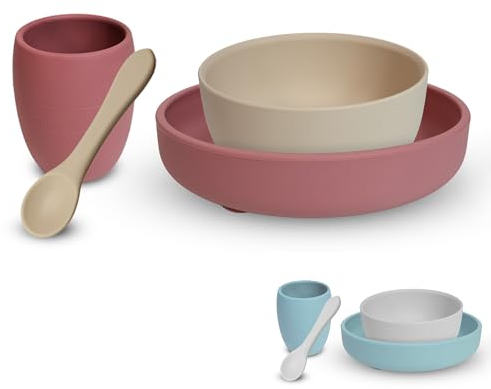 Divergiana - Vajilla bebe silicona -Plato bebe con ventosa libre de BPA 4 piezas -Vajilla infantil para regalo - Plato ventosa bebe con vaso cuenco cuchara - Vajilla silicona diseño divertido bebes
