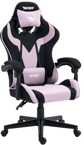 MUWO MystiX E-Sports Gamingstuhl, mit Verstellbarer Sitzhöhe und Rückenlehne, mit abnehmbarem Kopfkissen mit Stoffbezug, 5 Rollen und 360° drehbarer Computerstuhl (MystiX Pink)