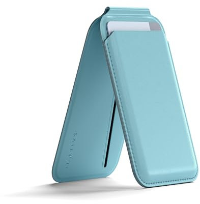 SATECHI Magnetische Magsafe-Geldbörse, Kartenhalter mit Doppelklappe & Ständer, 4 Fächer mit NFC-Pass-Through vorne, verstellbare Befestigung für iPhone 17, 16, 15 bis 12, Reisezubehör, Etui, Hellblau