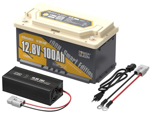 Power Queen 12.8V 100Ah LiFePO4 RV190 Bluetooth Batterie Lithium Batterie mit 14.6V 20A LiFePO4 Batterie Ladegerät konstant aufgeladen Ideales Paket für Camping Wohnmobil Solar Panel Autonomes System