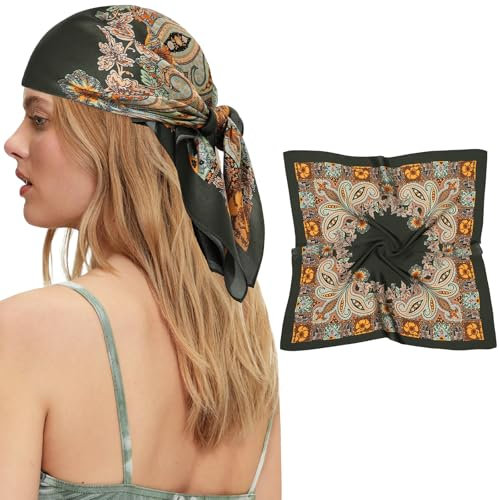 AWAYTR Schal aus Maulbeerseide für Damen, 68 cm, reine Seide, mit Geschenkpackung, Paisley (olivgrün), 27”×27”