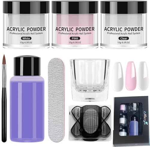 Acrylic Nail Kit Acrylic Powder Set 3 Colors Acrylic Powder 3×15g and Acrylic Liquid with Acrylic Nail Brush Set,Clear Pink White Acrylic Nails Extension Long-Lasting For Women Nail Art