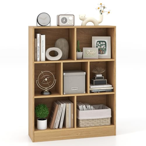 COSTWAY Bücherregal mit 7 Fächern, Standregal mit 3 Ebenen, Würfelregal, Büroregal, Aufbewahrungregal für Wohnzimmer, Schlafzimmer, Arbeitszimmer, Büro, 80 x 24 x 104 cm (Natur)