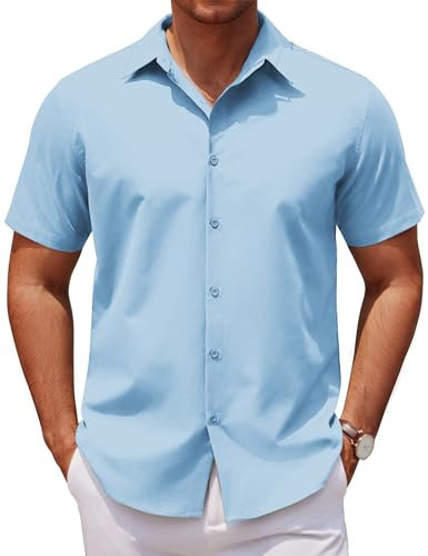 COOFANDY Short Sleeve Business Dress Shirts for Men Adult Summer Lightweight Casual Formal Shirts Regular Fit Solid Color Basic Top Light Blue L