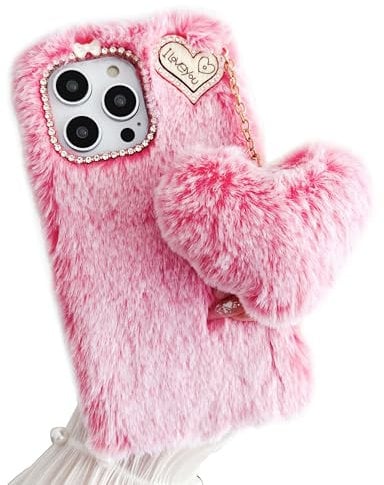 Fluffy Plush Case for iPhone 6s/6 4.7 Inch Heart-shaped Pendant TPU Bumper Protective Cover with Bling Diamond bowknot Cute Warm Winter for Women Girls Shockproof-Frost Pink