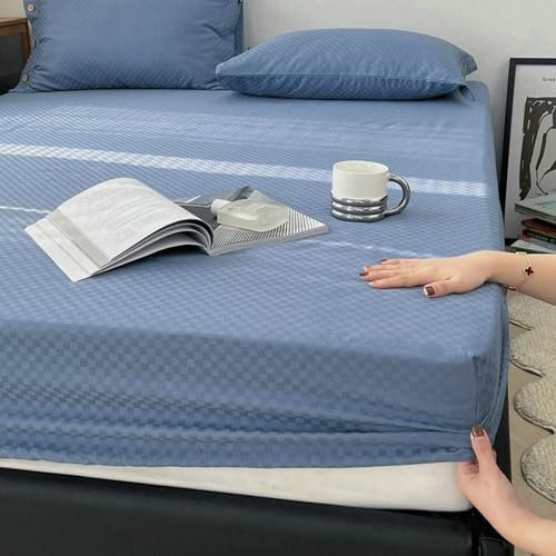 Stfery Lenzuola Con Angoli E Federe 200x180 Completo Lenzuola Super King Size 3 Pezzi in Cotone A Pinza Lunga, Modello A Reticolo, Blu