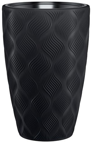 B2C Round Tall Plant Pot Elegant Large Flower Indoor Outdoor Garden Planters Flow High 5 Colours Wave Plastic Textured With insert (Black, H48cm x D29cm)