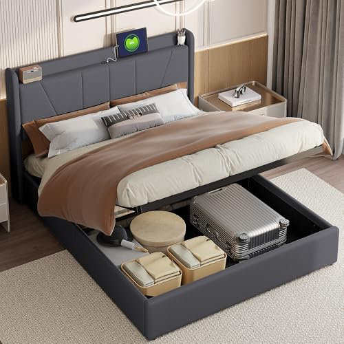 JOROBURO Klappbett mit Stauraum für Kingsize-Bett, 160 x 200 cm, Bettgestell aus Leinenstoff, Queensize-Größe mit USB-Ladestation, Lattenständer aus Holz, kein Lattenrost erforderlich
