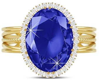 Linawe Ring Blauer Stein, Saphir Gold Ringe Frauen, Moissanite Goldring Damen Modeschmuck Jewelry, Goldene Boho Schmuck Ring Verstellbar Damenring, Statement Diamant Fingerring Vergoldet