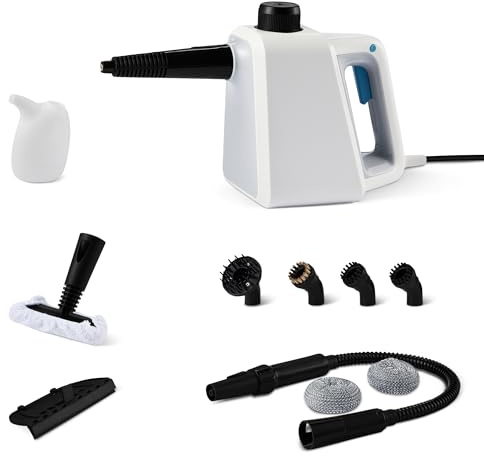 Amazon Basics Handheld Steam Cleaner with 6 Accessories, 1000W, 250ml Tank, 3-Minute Heat-Up, 8-12 Minutes Continuous Steam, Chemical-Free, White