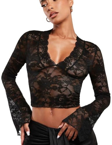 TUONYIS Women's Elegant Mesh Lace Top - See Through Long Sleeve Shirt Y2k Floral T-Shirt (UK, Alpha, S, Regular, Black)