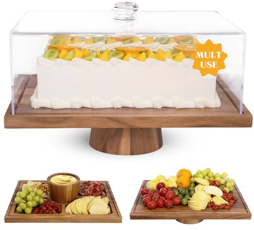 Acacia Wood Cake Stand with Lid - 15 Rectangular 2-in-1 Serving Board & Dessert Display, Shatterproof Acrylic Cake Dome Cover(5.1 high), Charcuterie Platter for Cheese, Fruit, Appetizers (15 inch)